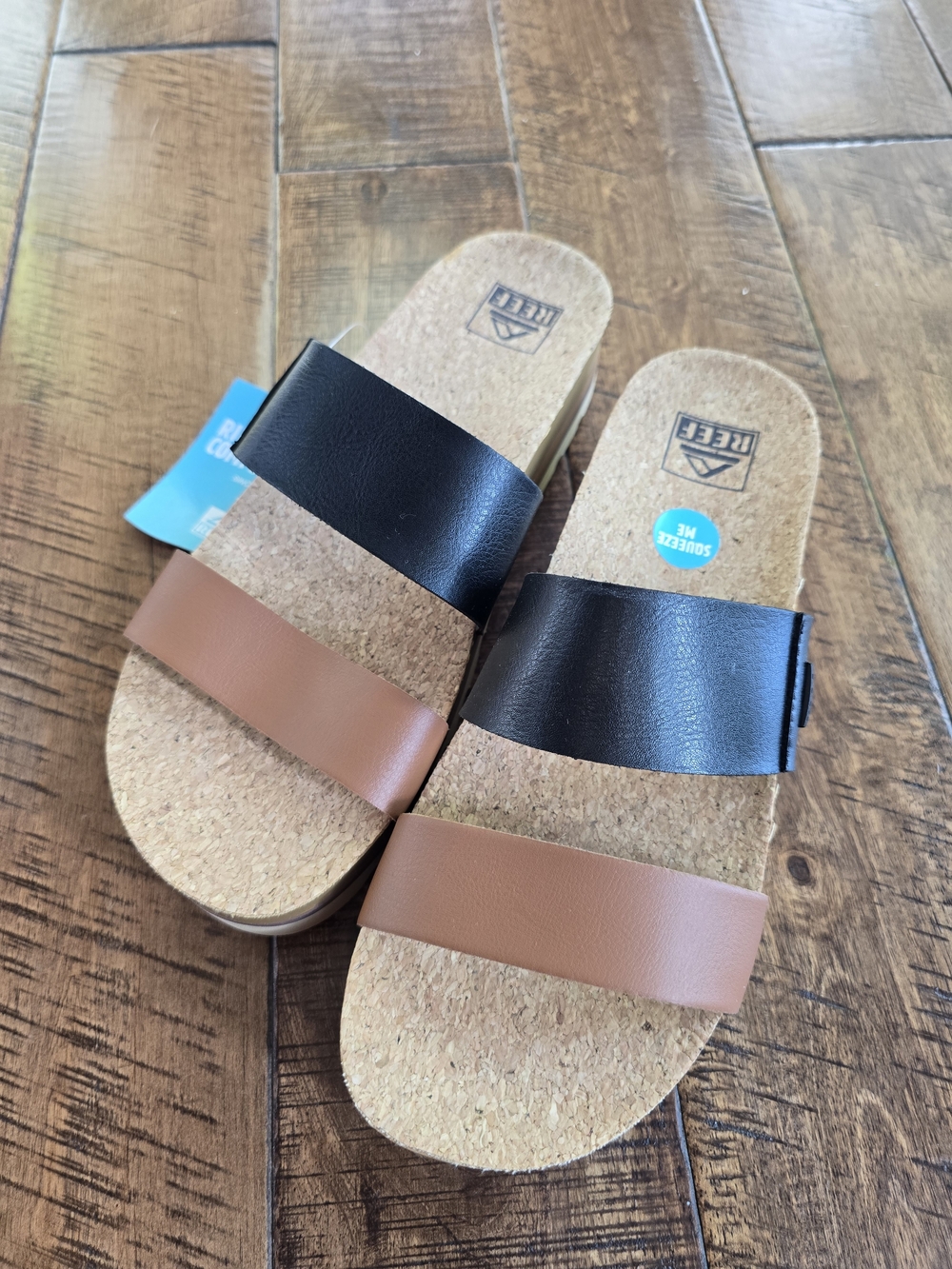 Reef Two-Strip Cork Slide Sandals in Black & Brown